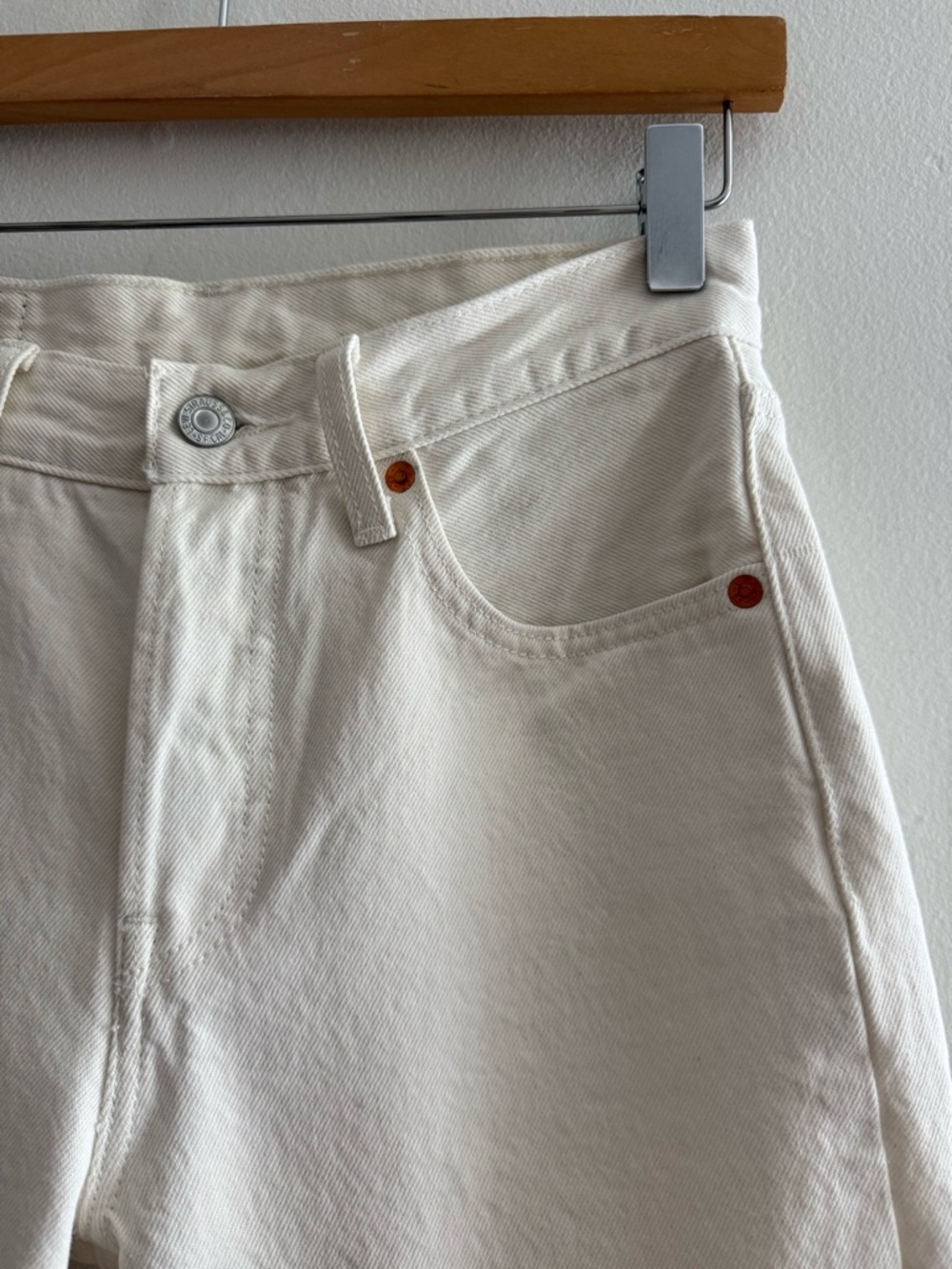 Levi’s 501 Off White Straight Leg, Raw Hem, Button Fly Jeans - Picture 9 of 16